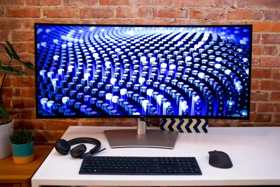 Monitor curvo sobre uma mesa branca, ao lado de teclado, mouse e headset.