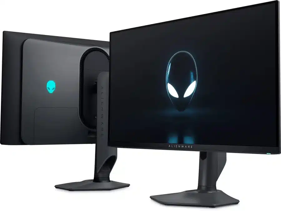 Novo monitor QD-OLED de 27'' da Alienware aparece de frente e de costas na imagem, sua carcaça na cor preta com a logo da marca estampada na parte de trás.