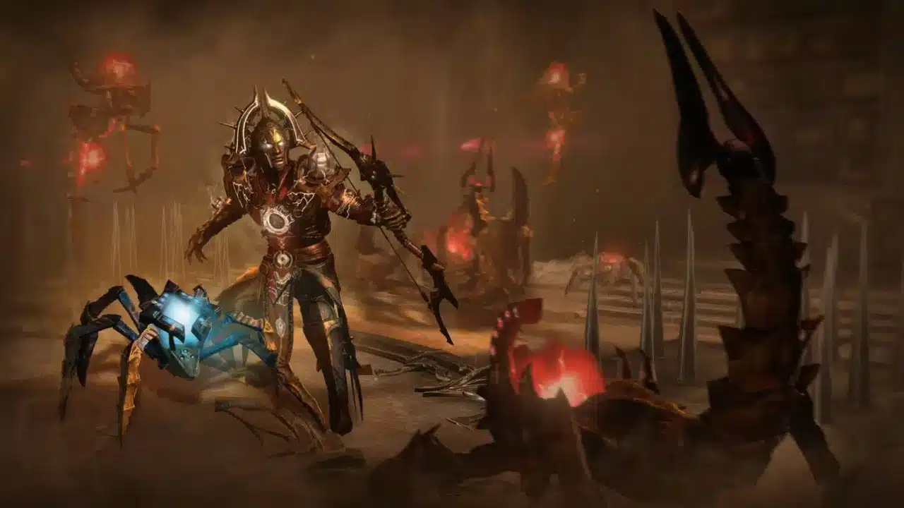 imagem de Diablo IV com um guerreiro segurando um arco e flecha rodeado por insetos