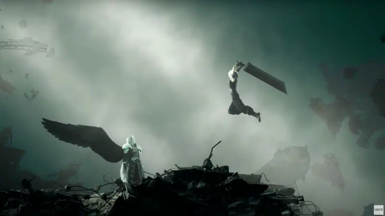 final fantasy vii rebirth - Cloud atacando Sephiroth, que exibe sua única asa, em uma batalha épica