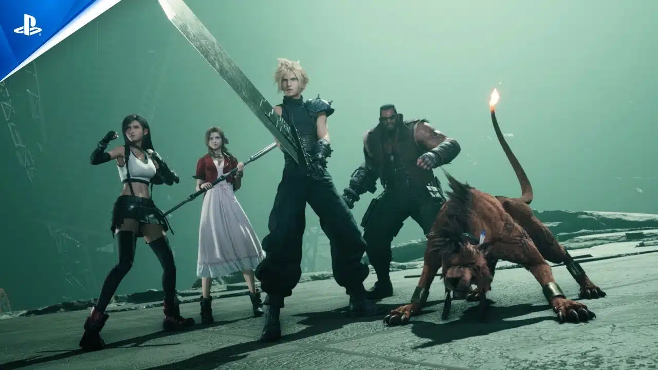 imagem de final fantasy vii rebirth com um personagem loiro de espada, duas mulheres, um cachorro e um homem