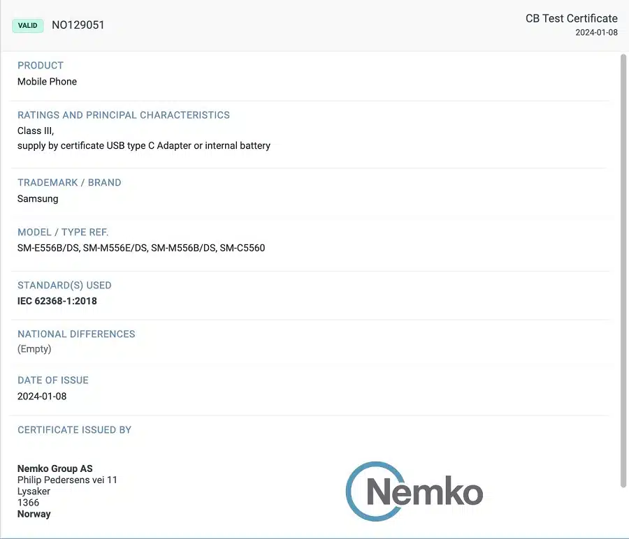 Captura de tela do certificado do Galaxy F55 5G pela Nemko.