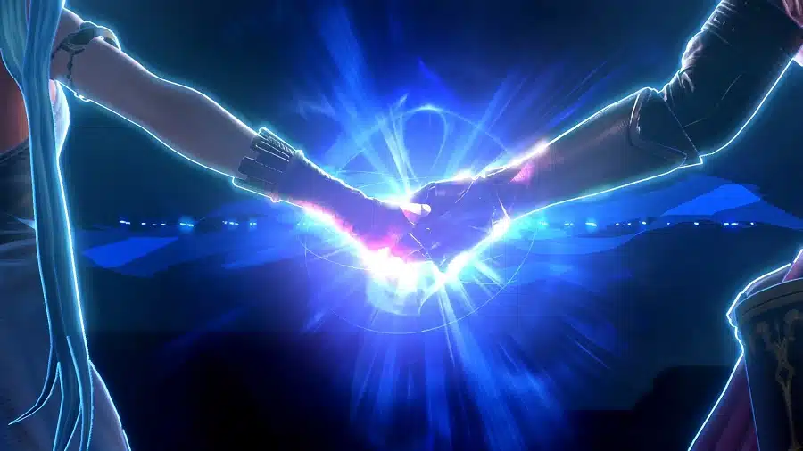 Captura de tela mostra Lyria e Djeeta dando as mãos para invocar seus poderes.