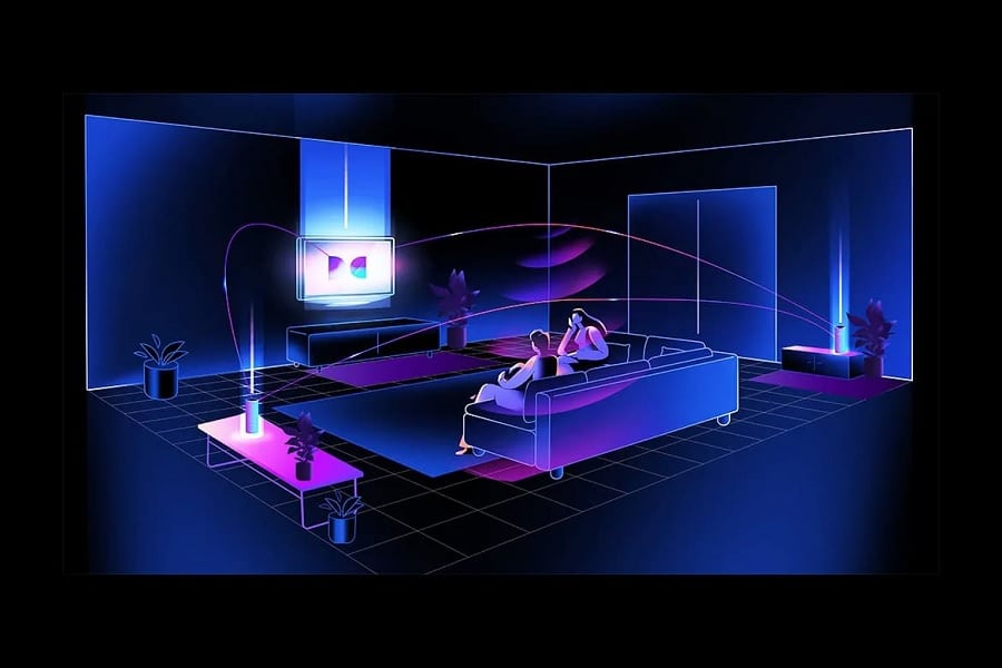 Imagem conceitual da Dolby para ilustrar o funcionamento do áudio espacial.