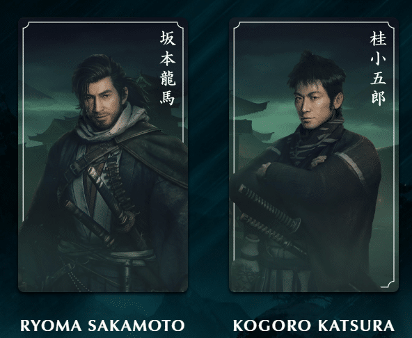 Resgate os avatares gratuitos de A Ascensão do Ronin 2 Ryima Sakamoto, e Kogoro Katsura, personagens de A Ascensão do Ronin, aparecendo em um ambiente da época feudal do Japão com fundo verde.