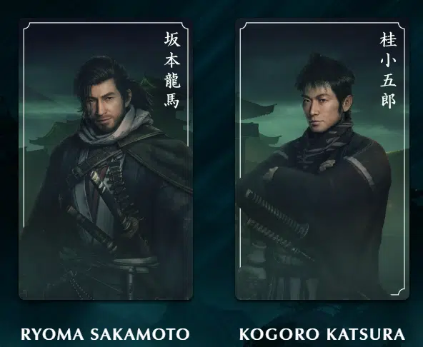 Ryima Sakamoto, e Kogoro Katsura, personagens de A Ascensão do Ronin, aparecendo em um ambiente da época feudal do Japão com fundo verde.