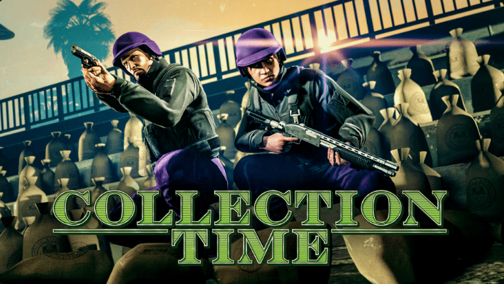 Gameplay de Despontuando onde os jogadores precisam recolher sacos de dinheiro para vencer as partidas. Dois players com roupa verde e armados defendem os prêmios