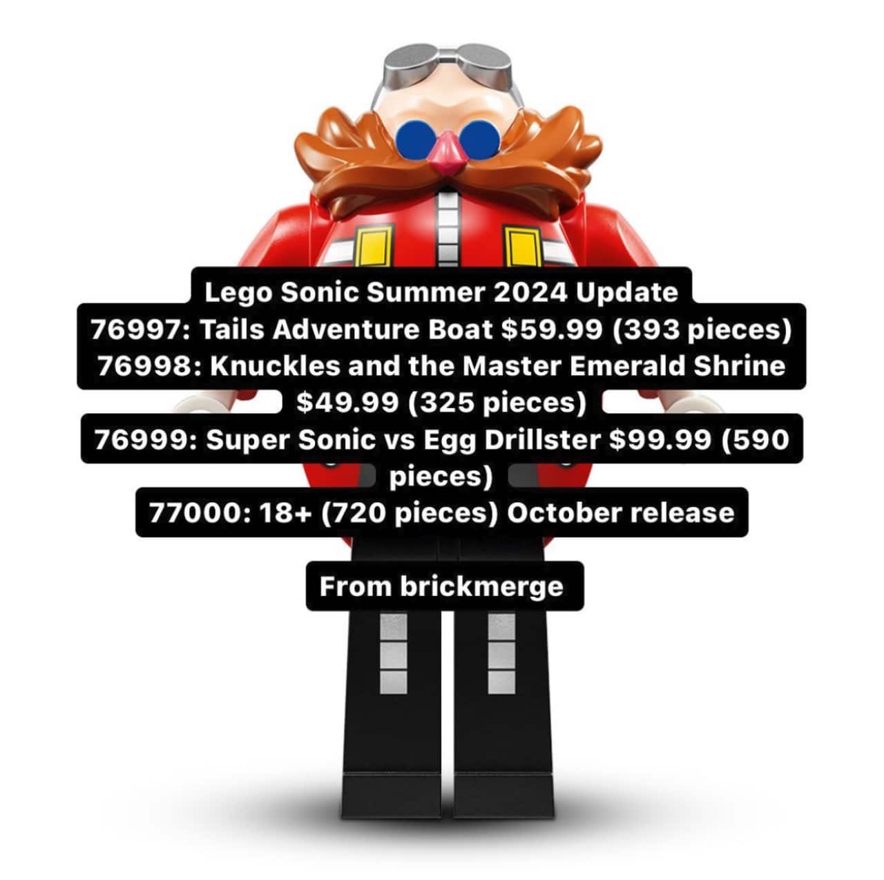 lego de sonic com um boneco de oculos e bigode e varias informações no meio