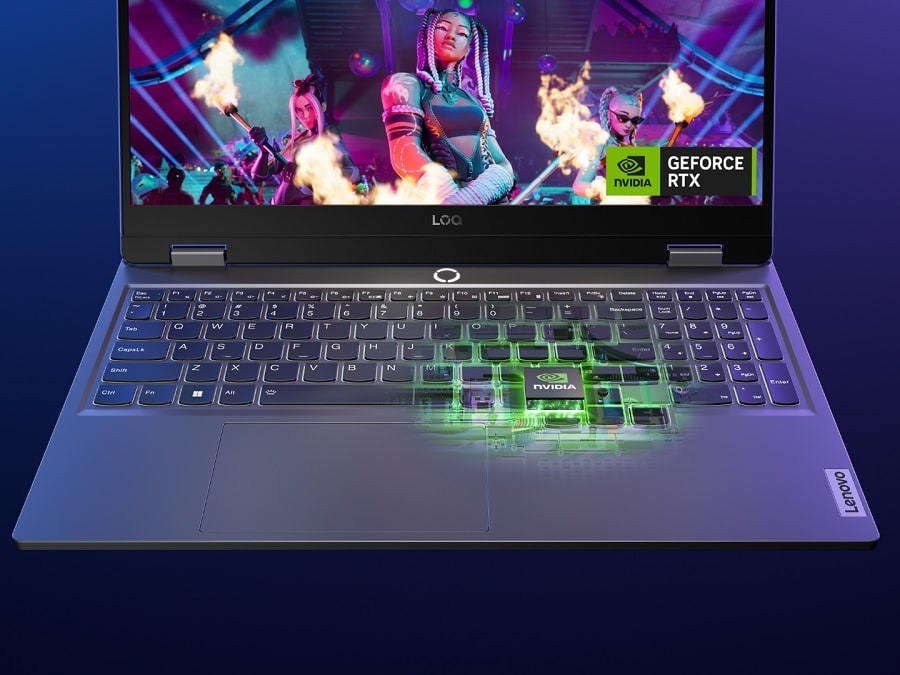 Teclado de um Lenovo LOQ mostrado de perto, com destaque para a presença de GPU Nvidia dedicada.