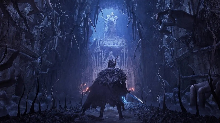 Captura de tela com personagem de Lords of the Fallen em meio à escuridão.