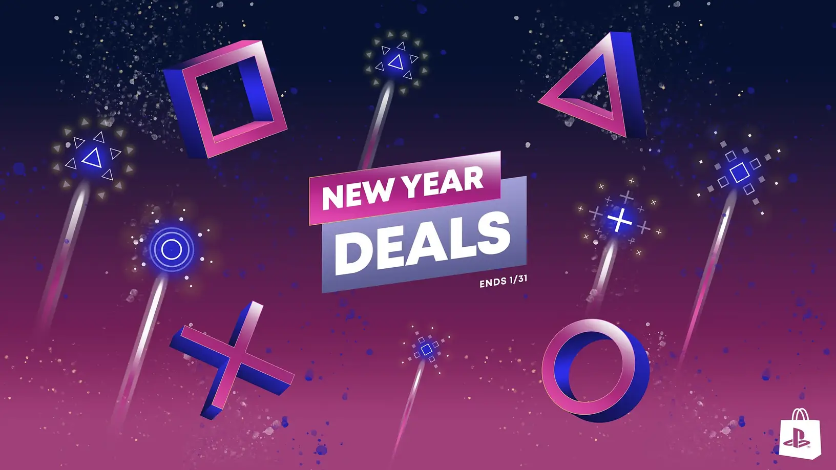 nova Promoção da PS Store descontos jan 24 - imagem com os simbolos da PlayStation como se fossem fogos promovendo uma nova leva de ofertas