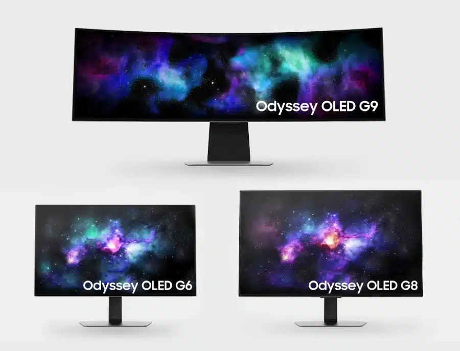 Os três monitores OLED Odyssey da Samsung. OLED G9 aparece em cima, G6 e G8 aparecem embaixo.