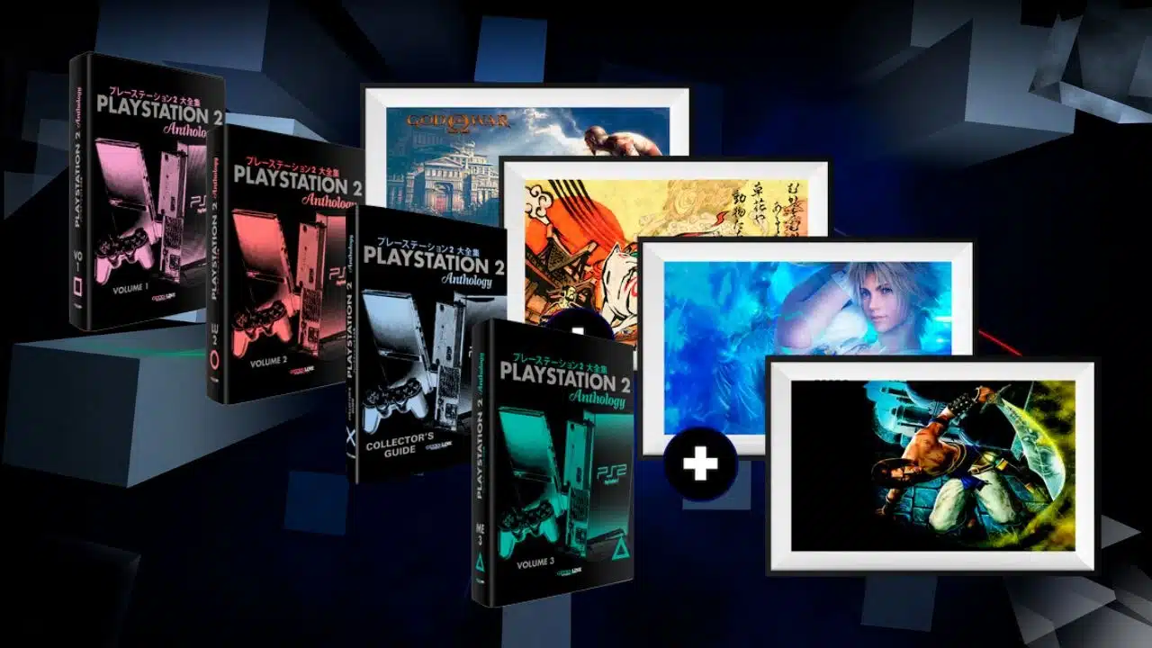 livros sobre a historia do playstation 2 com capa preta e ao lado de quadros tematicos inspirados em jogos