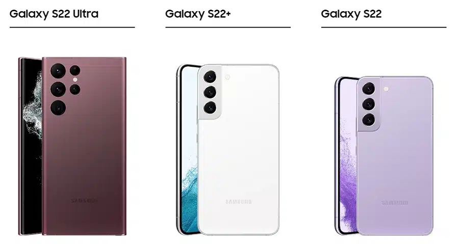 Aparelhos da família Galaxy S22 mostrados lado a lado.