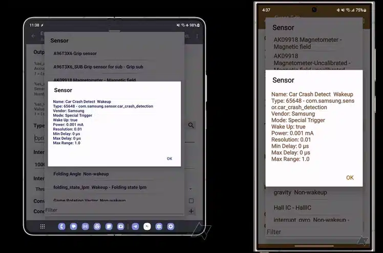 Captura de tela do sensor de detecção de acidentes no Galaxy Z Fold5 e no Galaxy S24 Ultra
