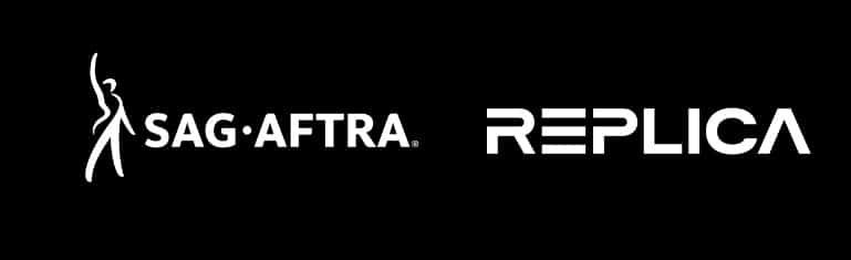 Imagem com as logos do SAG-AFTRA e da Replica Studios, empresa que faz vozes de IA.