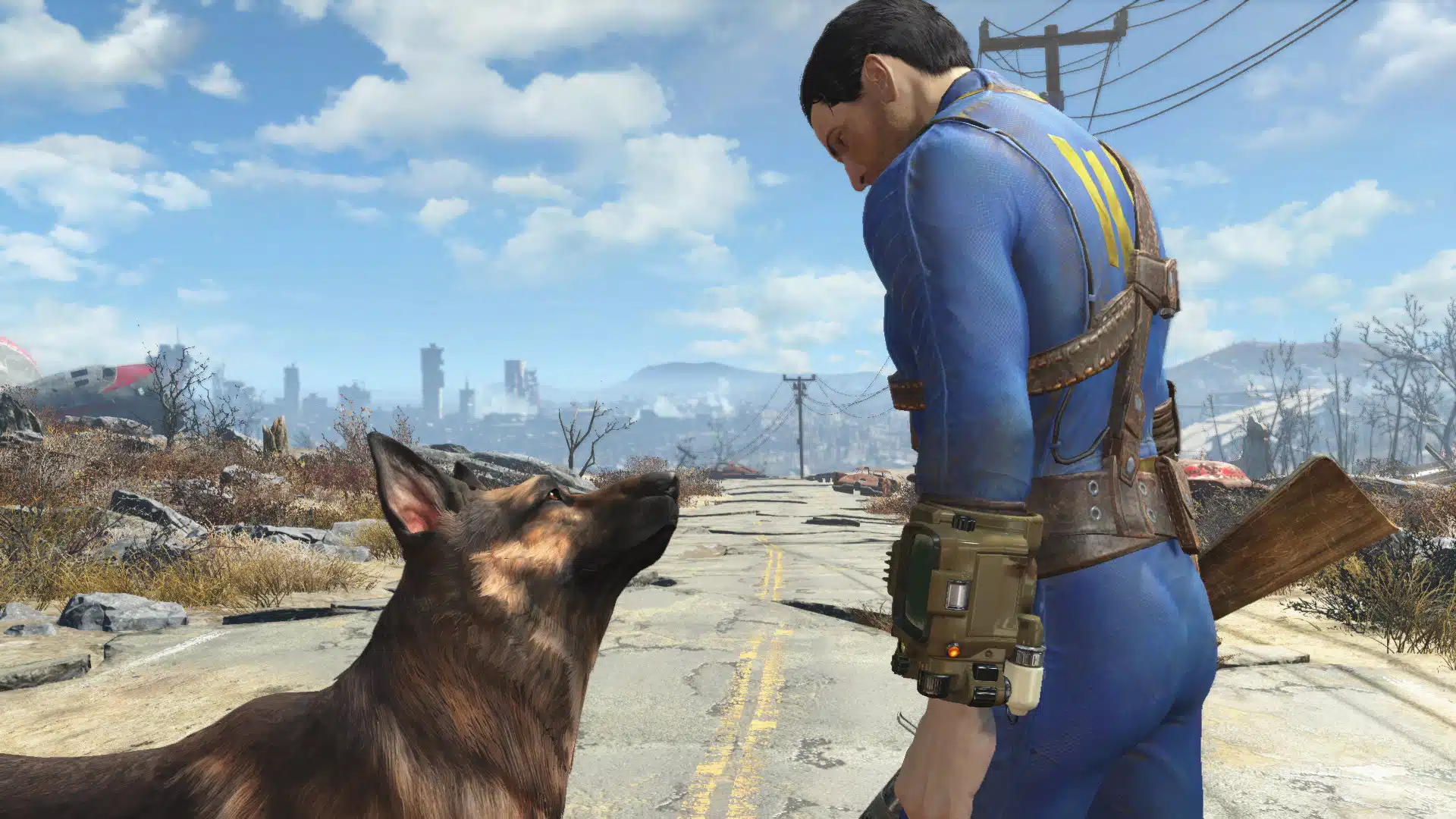 Imagem de Fallout 4 com um personagem olhando para um cachorro no meio do deserto.