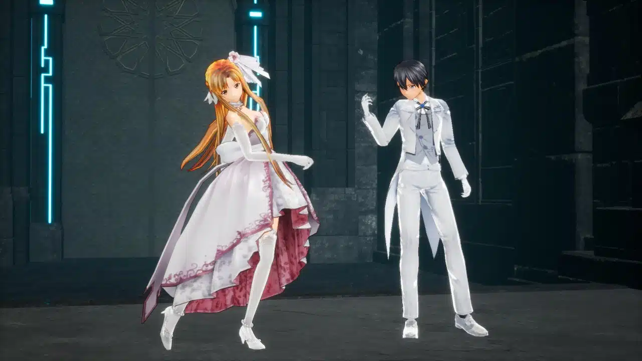 personagens de sword art online last recollection, sendo um homem e uma mulher, utilizando trajes de gala