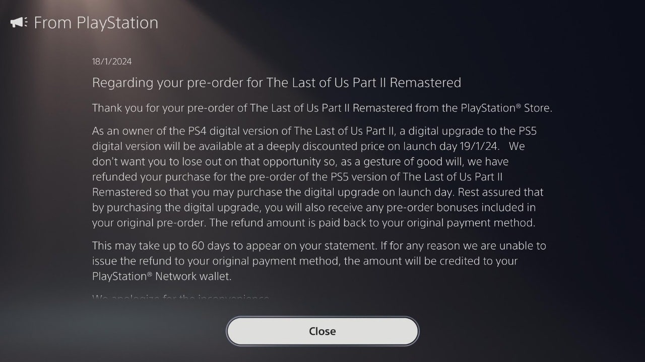 Sony oferece reembolso para quem possui The Last of Us Part II no PS4 1 imagem com um texto sobre o reembolso de the last of us part ii no ps5
