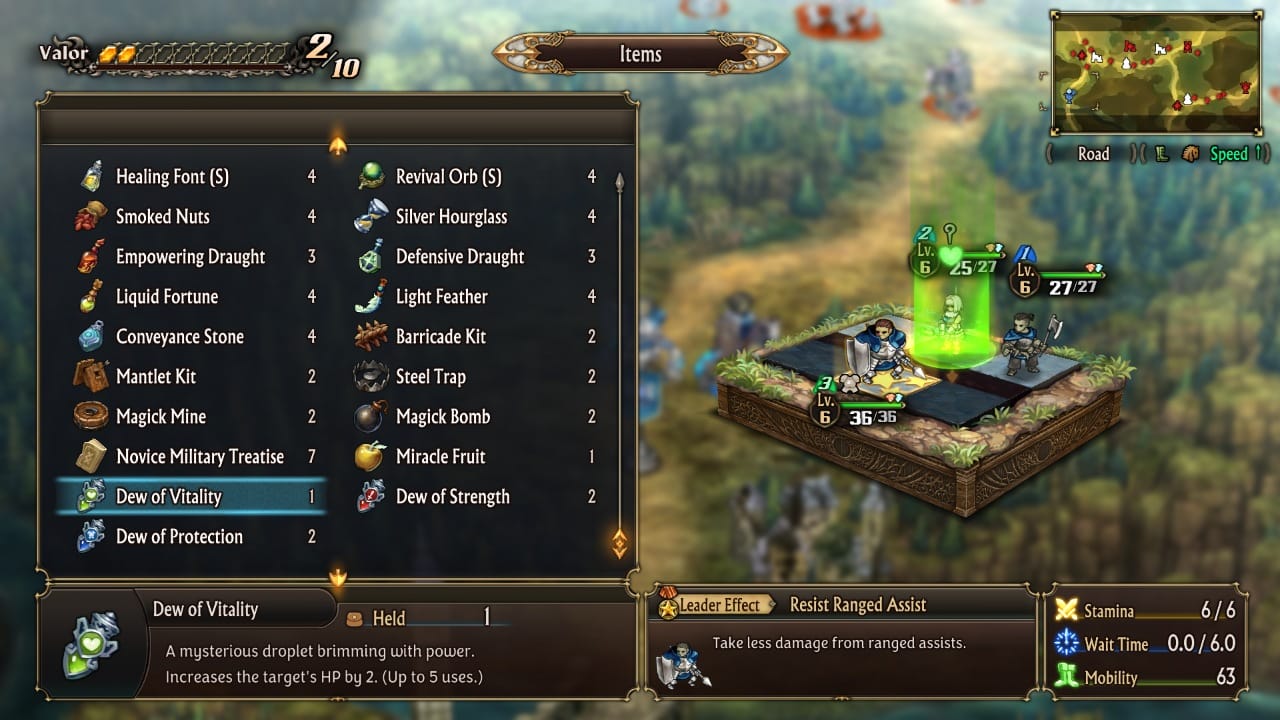 Unicorn Overlord: detalhes de personagens, classes e sistema de combate 8 menu com uma lista de itens curativos e um bloco ao lado com tres soldados armados