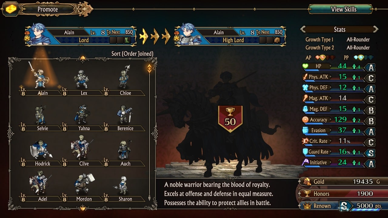 Unicorn Overlord: detalhes de personagens, classes e sistema de combate 6 um menu com varios personagens e informações de seus atributos fisicos