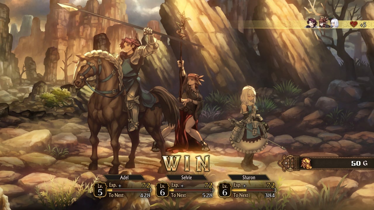 Unicorn Overlord: detalhes de personagens, classes e sistema de combate 4 um homem com uma lança e com um cavalo ao lado de uma mulher de lança e de uma garota de cabelo branco comemorando vitoria em uma area montanhosa