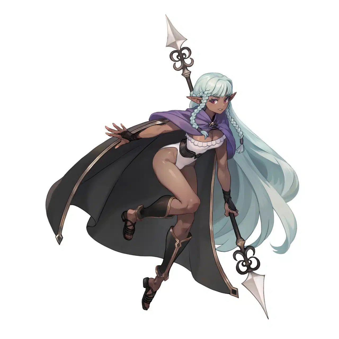 moça com cabelo prateado e características de uma elfa segurando uma lança e usando uma capa roxa