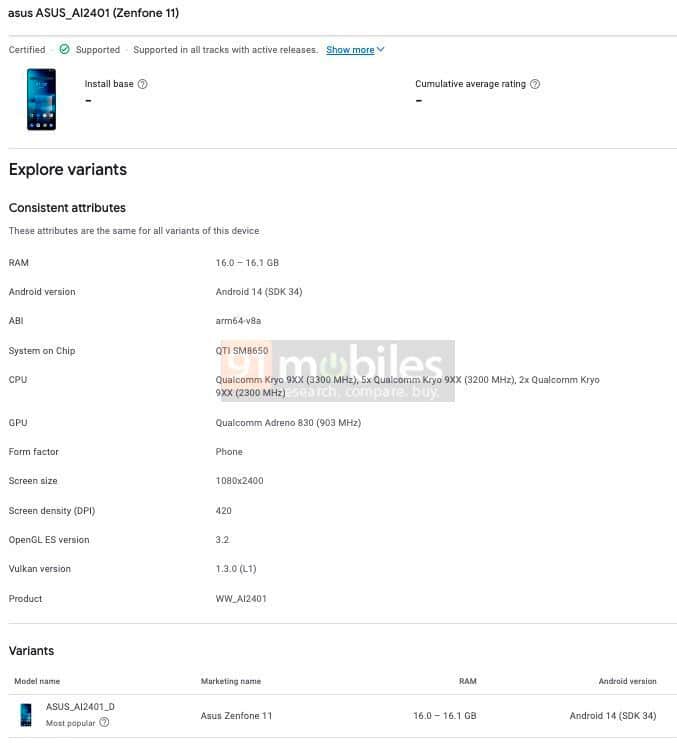 Asus Zenfone 11 aparece no Google Play Console com Snapdragon 8 Gen 4 2 Captura de tela do Zenfone 11 detalhado no Google Play Console.