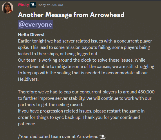 Helldivers 2 agora tem “vagas limitadas” nos servidores 1 Arrowhead comunicado sobre servidores de Helldivers 2