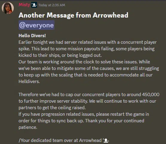 Arrowhead comunicado sobre servidores de Helldivers 2