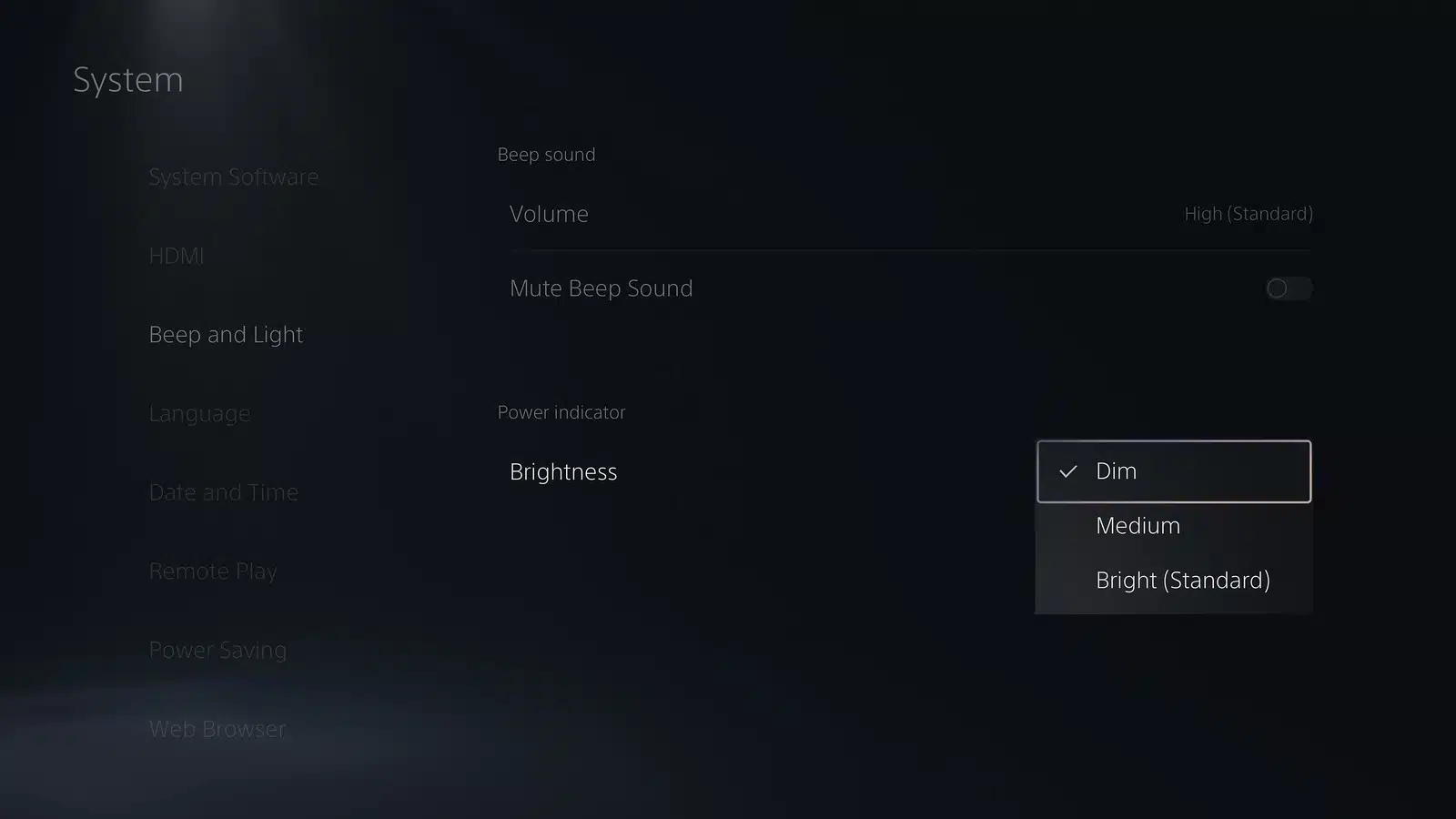 Atualização beta do PS5 - edição do brilho da luz do console