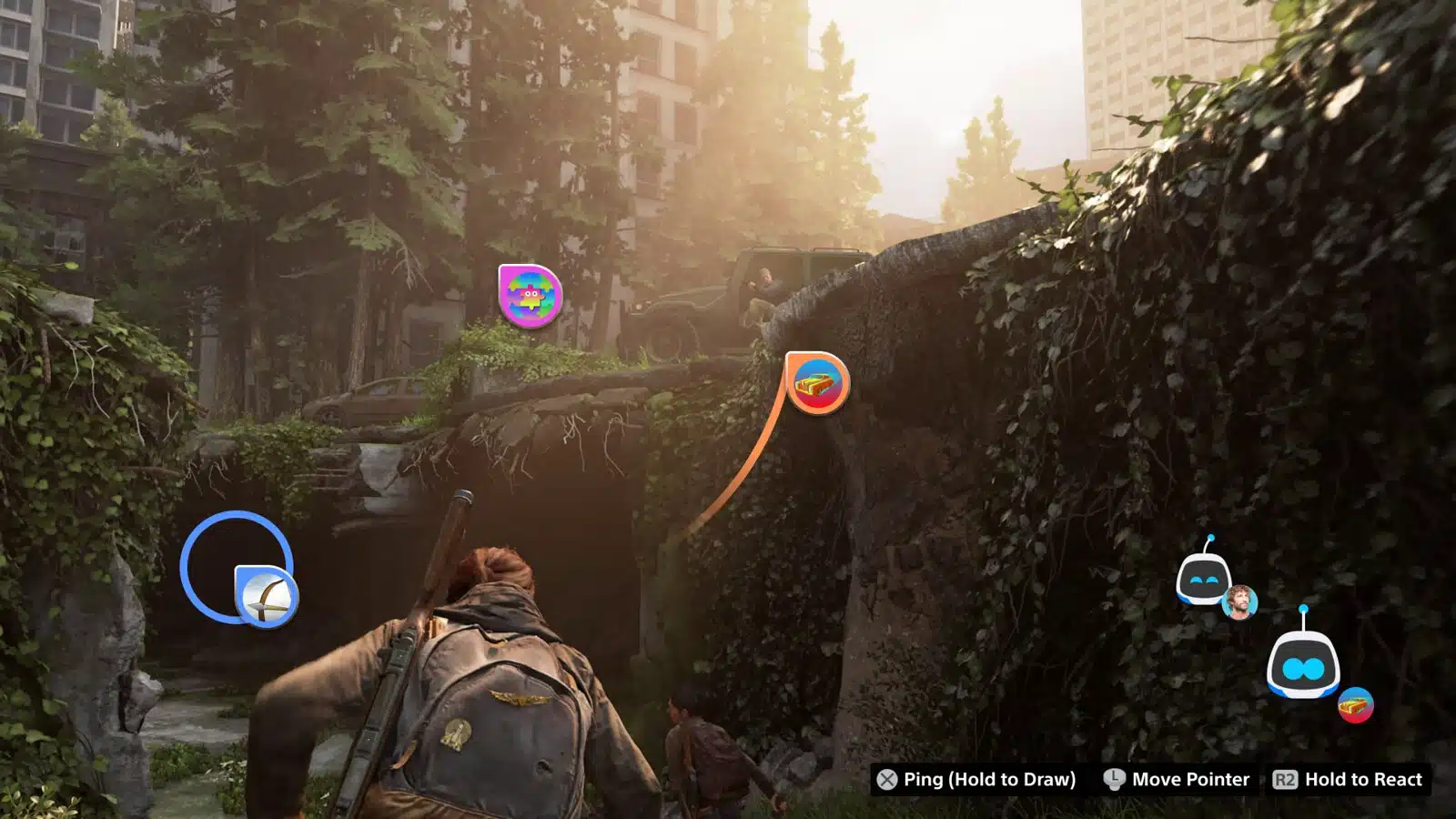 Atualização beta do PS5 interação no Share Screen em The Last of Us com Ellie caminhando nos escombros
