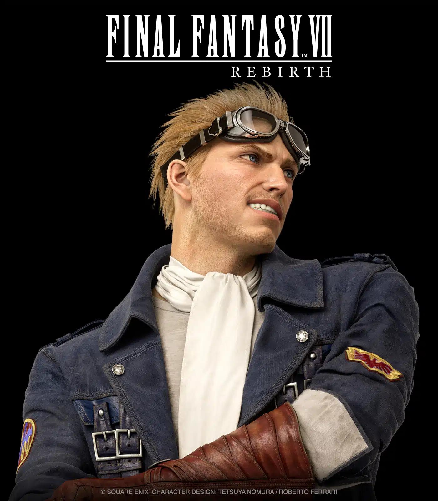 CId FF VII Rebirth - piloto com óculos de aviador, cachecol, cabelos loiros e casaco