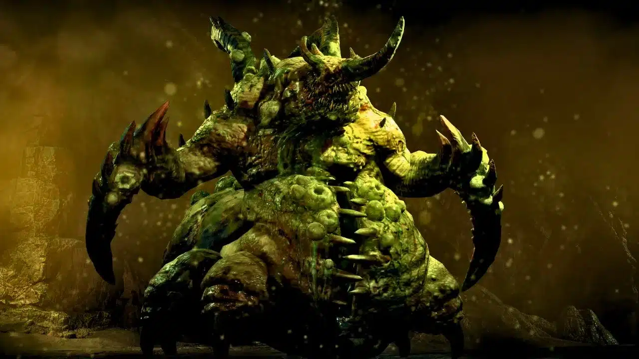 Duriel em Diablo IV - monstro com garras e corpulento com a barriga rasgada