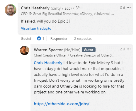 Epic Mickey 3? Criador tem ideias de "alto nível" para a sequência 1 Epic Mickey 3 - criador fala sobre as ideias em torno de um terceiro jogo no LinkedIn