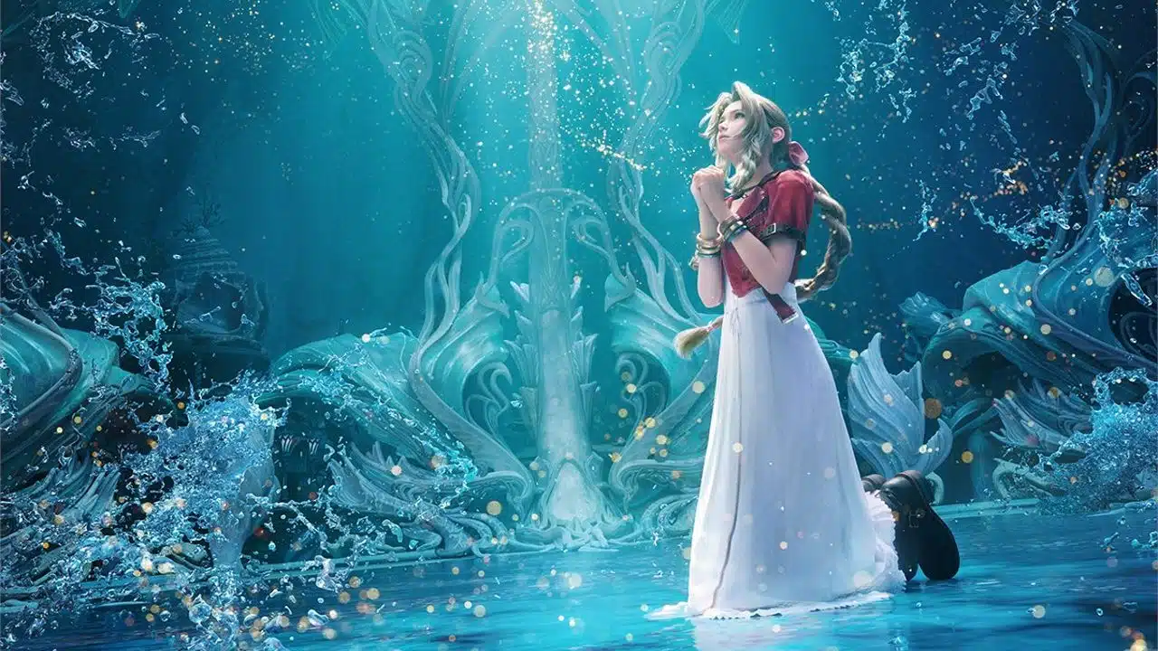 Final Fantasy VII Rebirth - Aerith rezando em um santuário