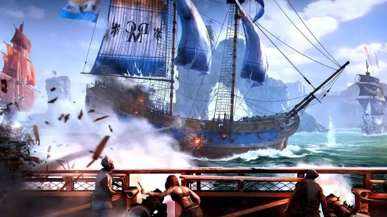 Holandeses em Skull and Bones trocando balas de canhão com piratas