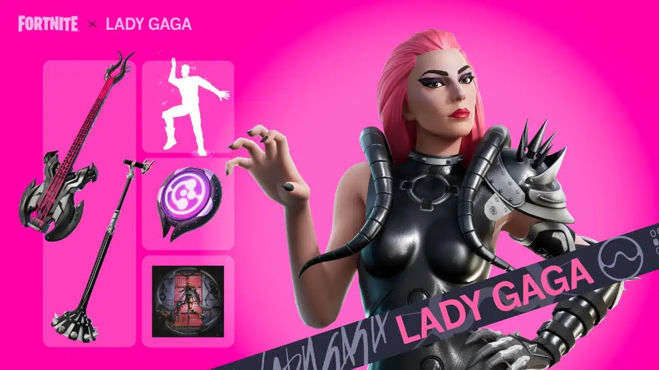 Lady Gaga no Fortnite - de armadura com fundo rosa e itens musicais à esquerda