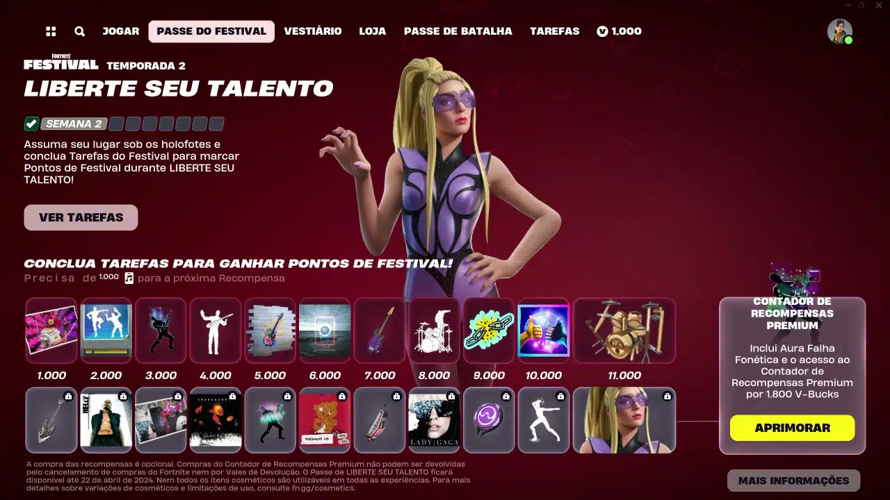 Lady Gaga no Fortnite - foto da skin da cantora no menu do passe
