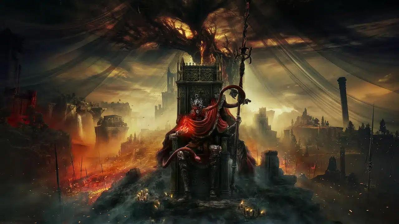 Pré-venda do DLC de Elden Ring - pessoa sentada em um trono e no fundo as Terras Intermédias com a Térvore em destaque