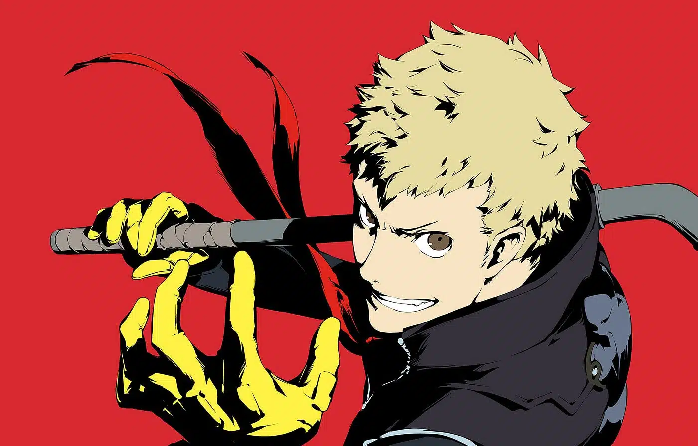 Ryuji Sakamoto em Persona 5 com seu cabelo loiro e roupas pretas