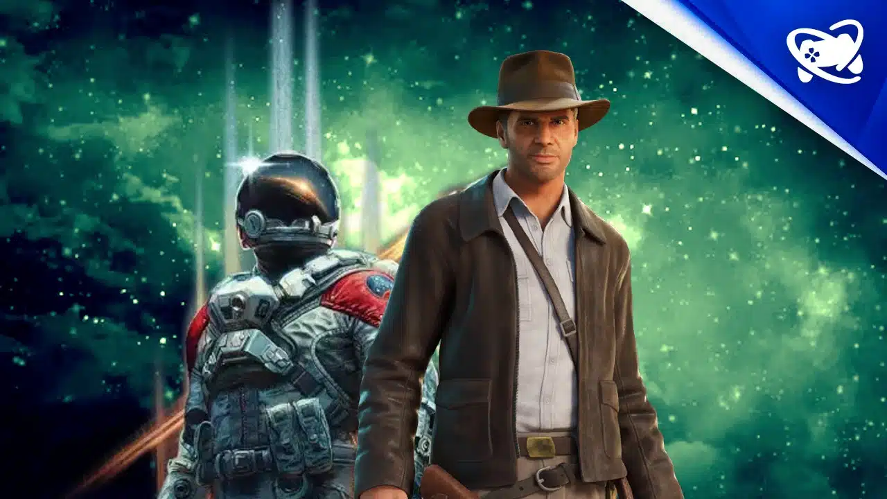 Microsoft Starfield e Indiana Jones no PS5 em um fundo verde