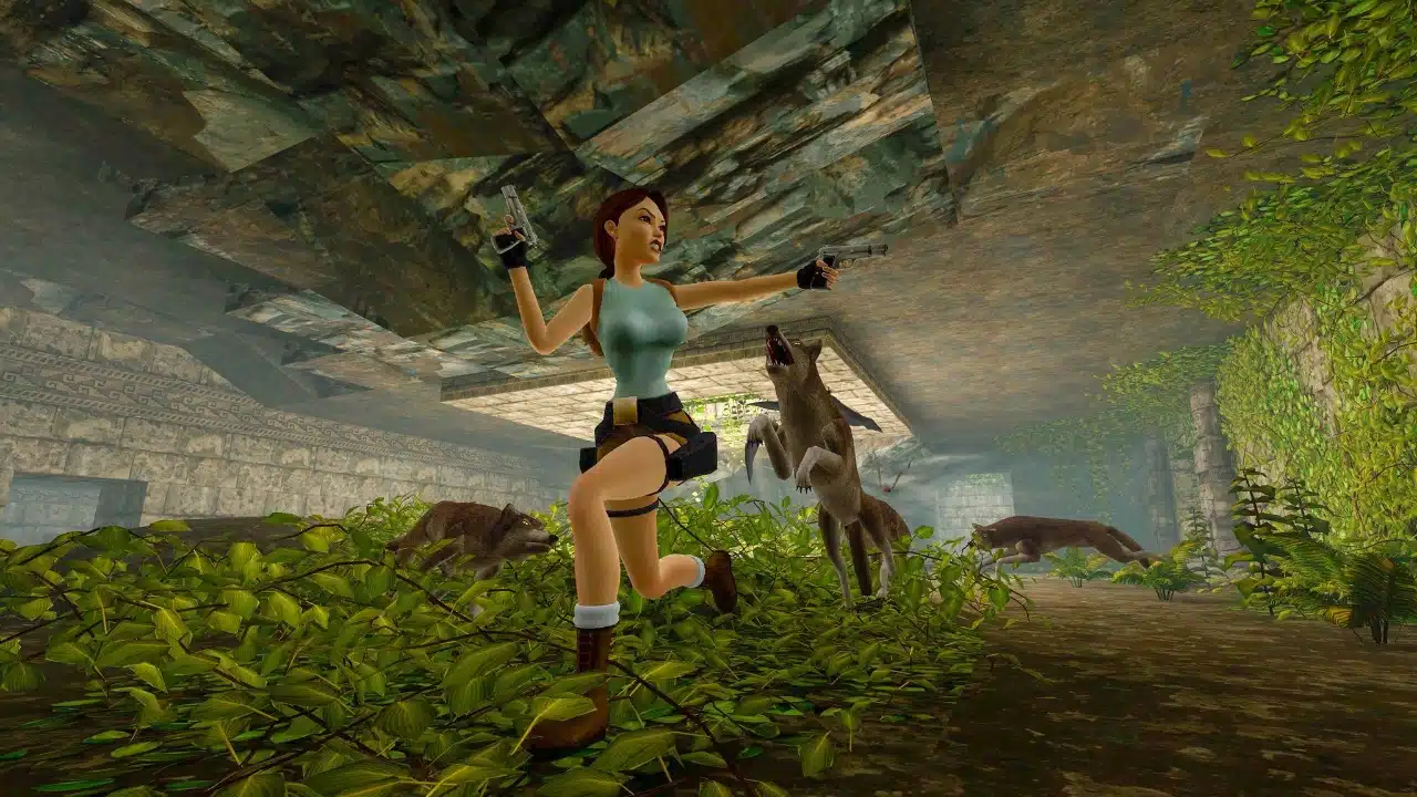 Imagem de Tomb Raider I-III Remastered com uma mulher atirando e fugindo de lobos