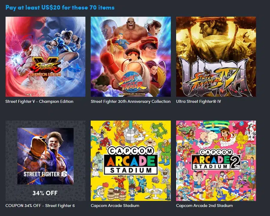Captura de tela mostra parte do bundle com 70 jogos da Capcom.