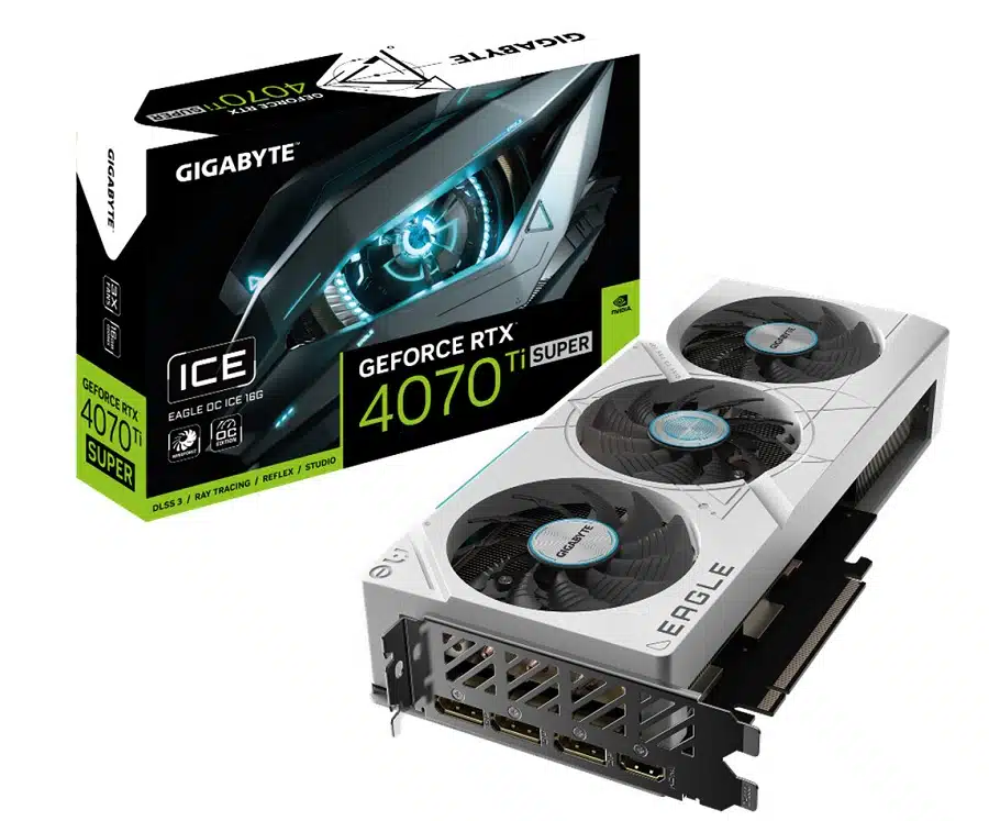 Foto de uma RTX 4070 da linha Eagle OC Ice com sua caixa.