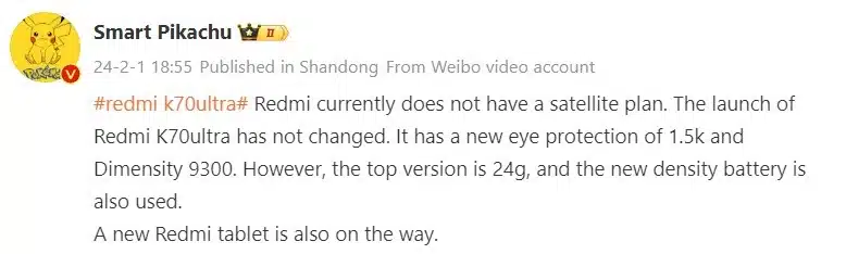Captura do post de Smart Pikachu falando do Redmi K70 Ultra.