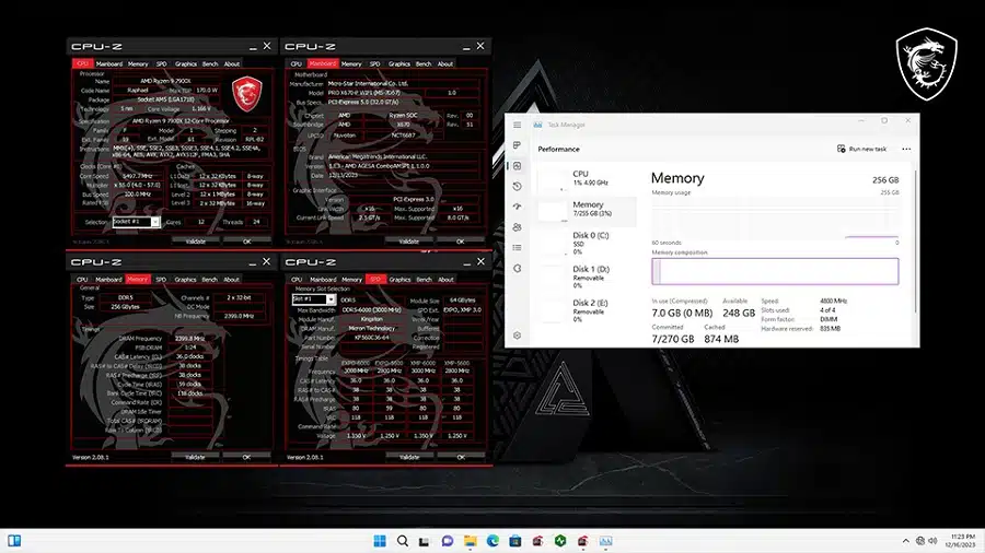 Captura de tela mostrando sistema com placa da MSI usando 256GB de RAM.