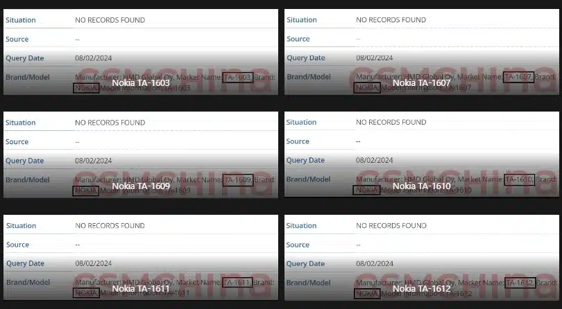 Captura de tela de alguns registros IMEI dos supostos novos celulares da Nokia.