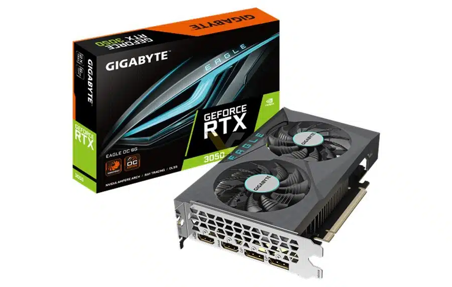 RTX 3050 de 6GB da Gigabyte aparece ao lado de sua caixa.