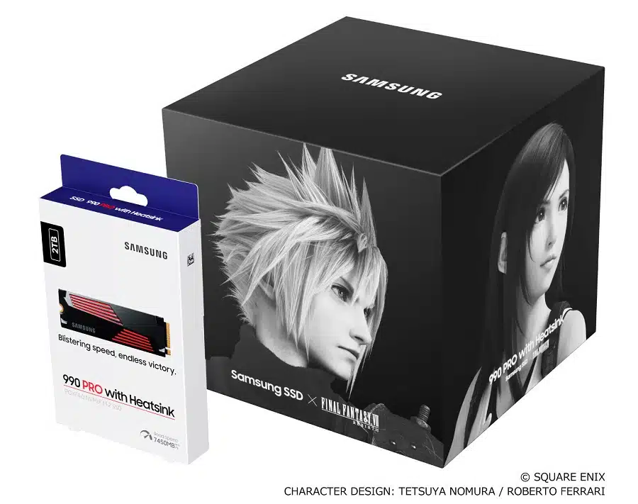 Foto do SSD com sua caixa temática de Final Fantasy VII Rebirth.